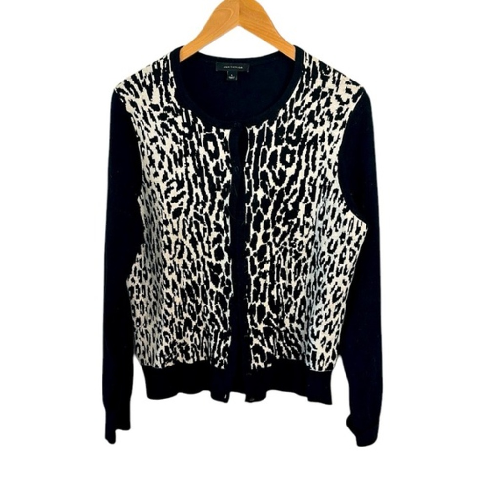 Ann Taylor leopard Cardigan L Animal Print Sweater Office Siren Mob Wife